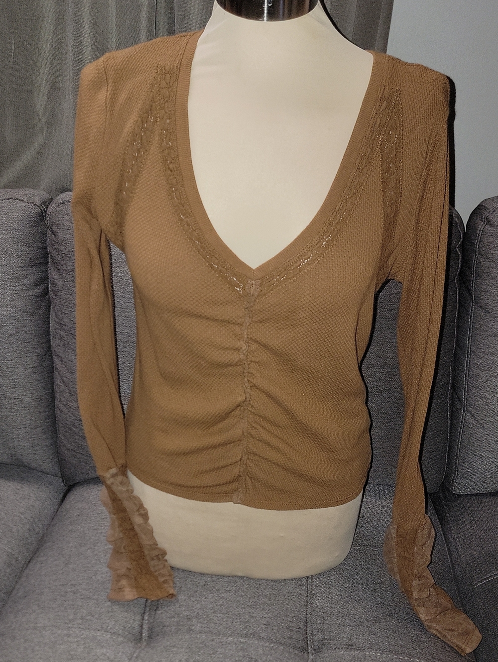 Free People Brown V-Neck Ruched Long Sleeve Top